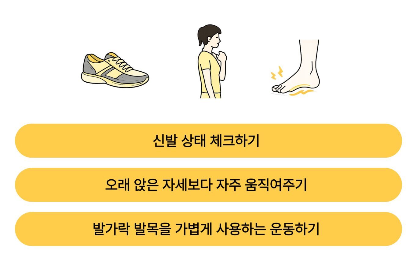 신발 상태 확인 자주 움직이기 발가락 발목 운동 생활관리 안내