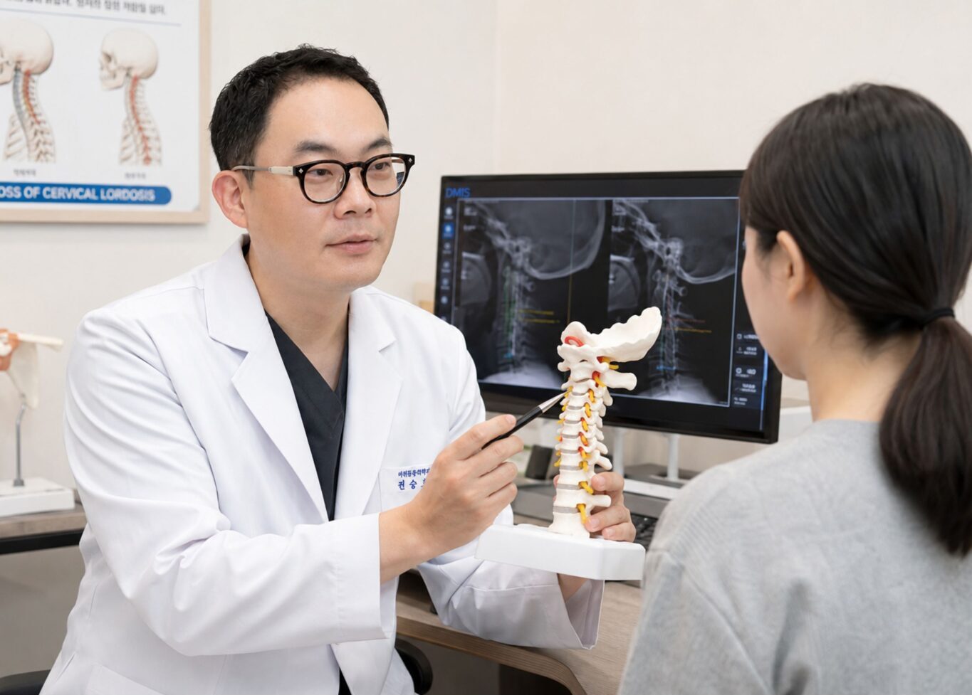 다사역 정형외과 진료에서 의료진이 척추 모형과 영상 자료를 설명하는 모습