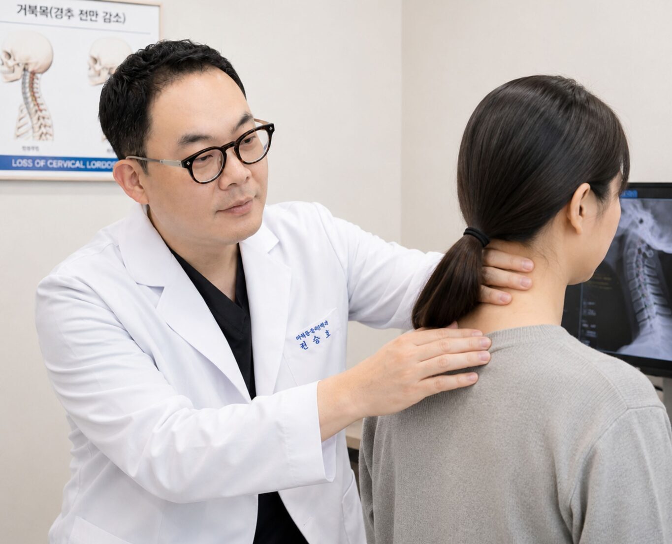 의료진이 환자의 목과 어깨를 진찰하는 모습