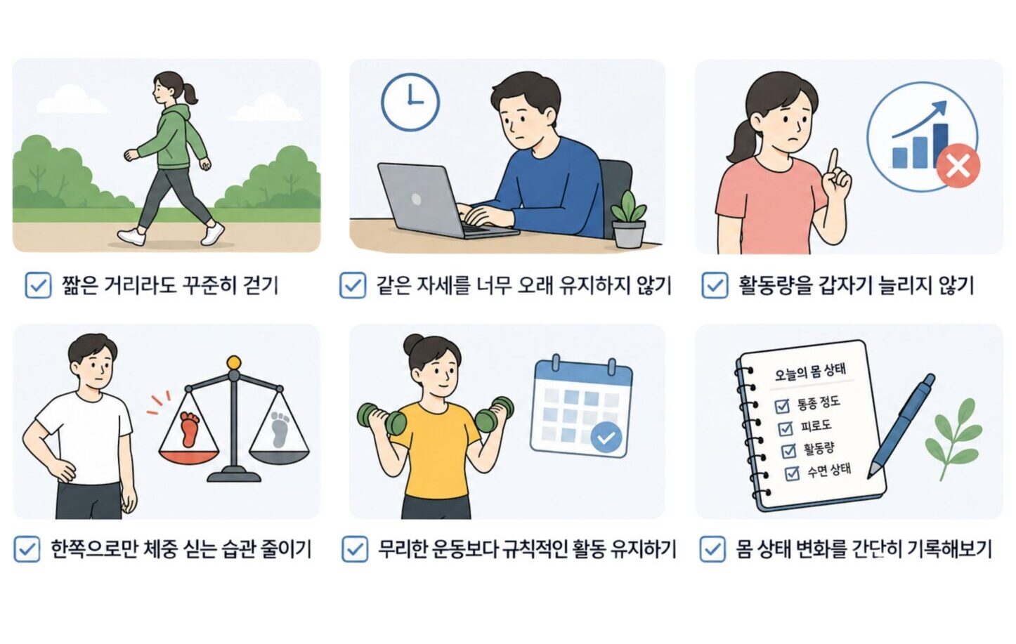 회복 과정의 걷기 자세 활동량 체중 분산 운동 기록 생활 관리 방법