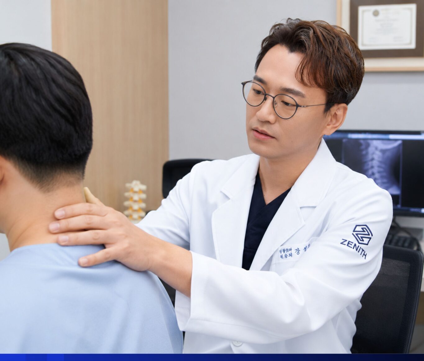 제니스정형외과 의료진이 환자의 목과 어깨 상태를 진찰하는 모습