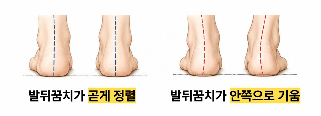발뒤꿈치가 곧게 정렬된 모습과 안쪽으로 기운 모습 비교