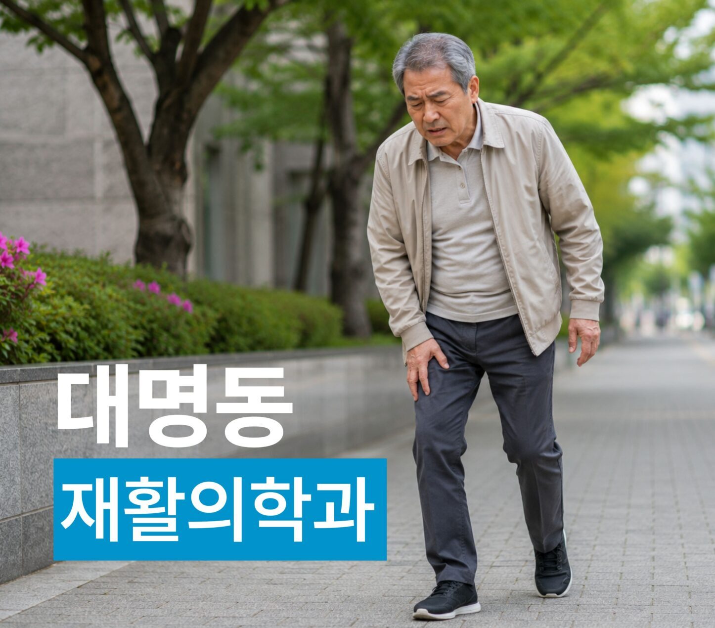 걷는 중 무릎을 짚고 불편함을 느끼는 남성과 대명동 재활의학과 안내