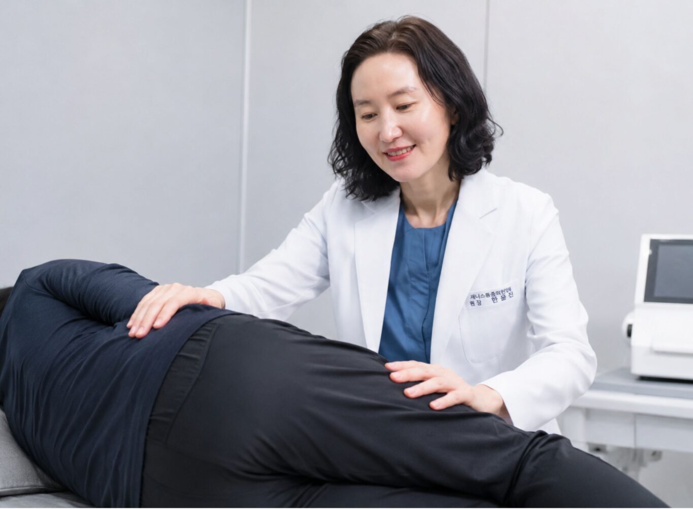 의료진이 환자의 골반과 허리 움직임 상태를 확인하는 모습