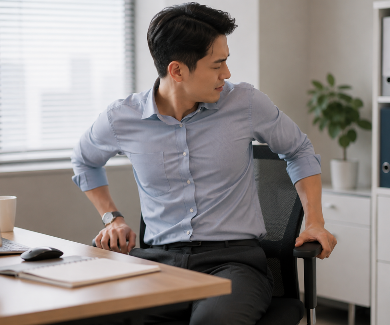 사무실 의자에 앉아 허리 불편감을 느끼며 자세를 바꾸는 직장인