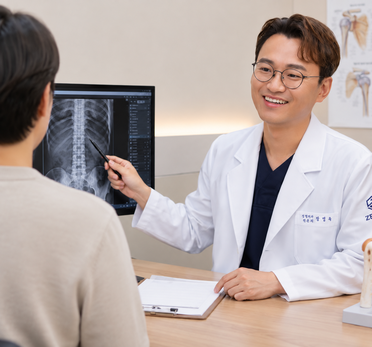 척추 X-ray 영상을 보며 상담하는 장면